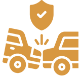 Two cars colliding with a shield and checkmark symbol above.