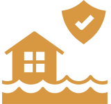 Icon of a house with floodwater and a shield symbolizing protection.