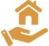 Hand holding a house icon symbolizing real estate or home protection.